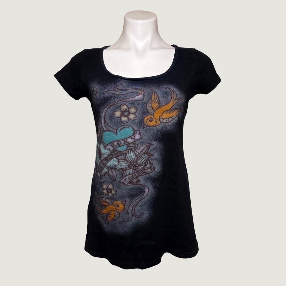 Y2K Vintage Roxy Paradise Graphic Tee Black Tattoo Print Scene Grunge #15
